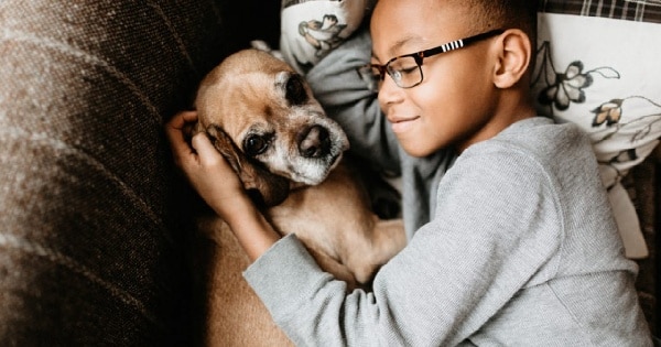 kid and dog on couch-furnace repair-Allgeier Air-Louisville KY